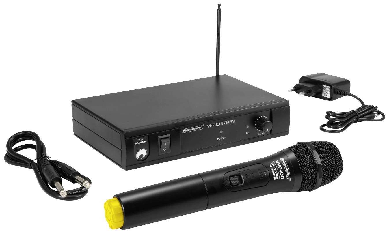 Ein kabelloses Mikrofon-Set mit Empfänger, Mikrofon, Netzteil und Kabeln. Geeignet für Audioübertragungen bei Veranstaltungen.