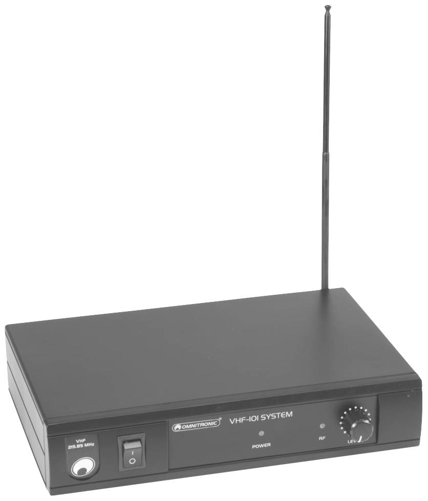 Ein schwarzes VHF-Funksystemgerät mit Antenne und Bedienknöpfen auf der Vorderseite.