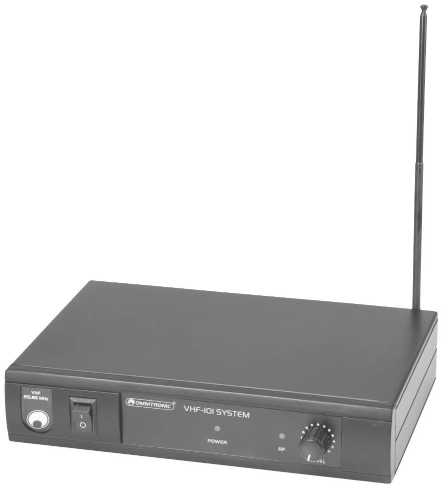 Schwarzes VHF-Funkmikrofonsystem mit Antenne, Lautstärkeregler und Schalter auf der Vorderseite.