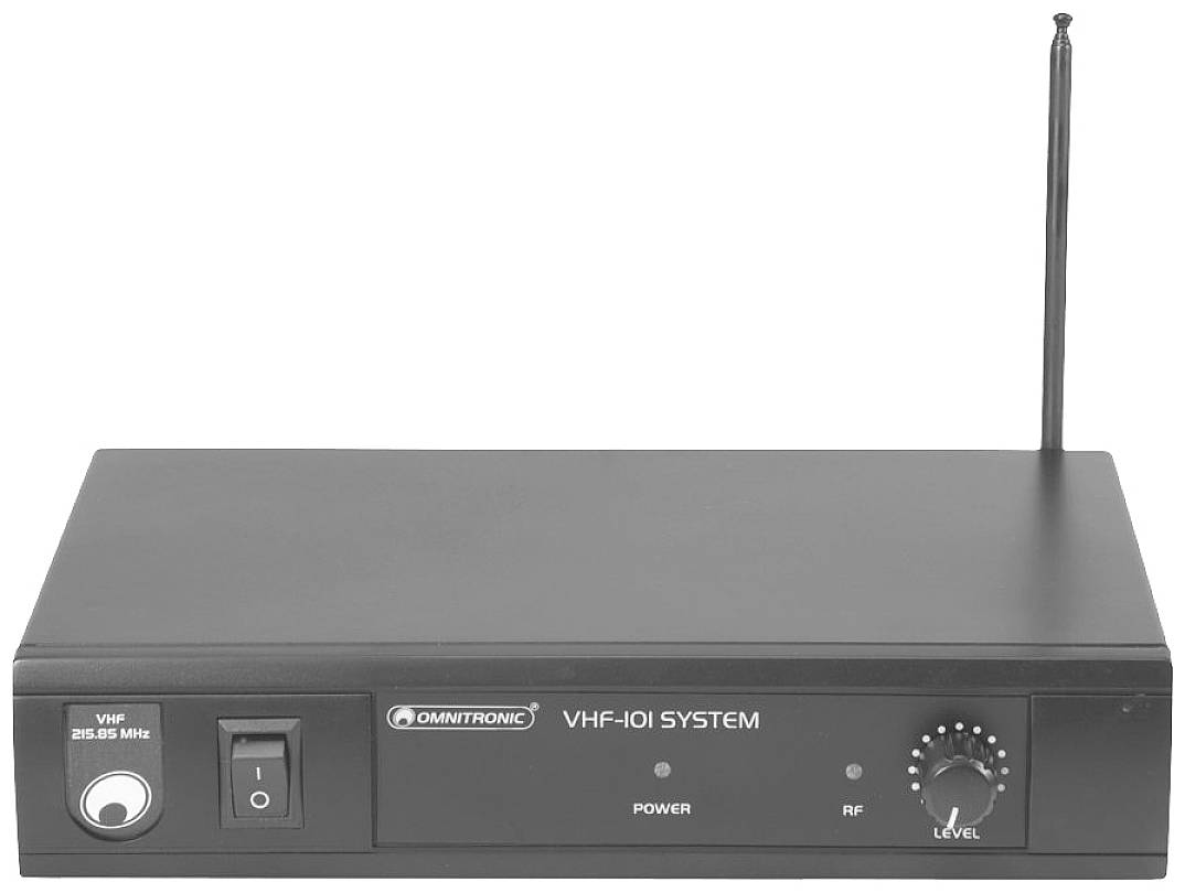 Ein schwarzes VHF-Funksystem mit Antenne und Drehregler zur Lautstärkesteuerung. Marke 'Omnitronic'.