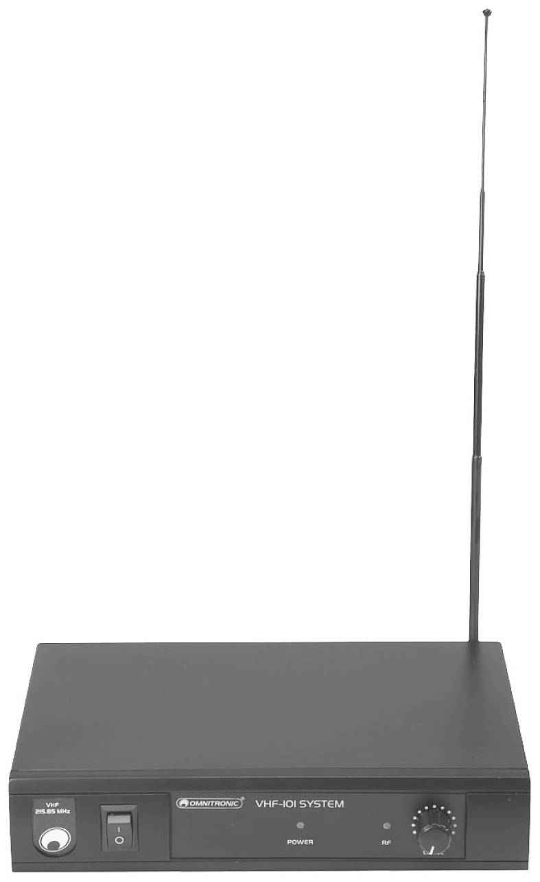 Ein schwarzes VHF-Funkmikrofonsystem mit Antenne, vorderem Schalter und Buchse, beschriftet mit 'VHF-301 System; Power, RF'.