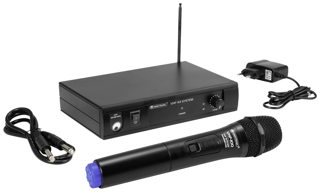 Drahtloses Mikrofonset mit Empfänger, Handmikrofon, Netzkabel und Audiokabel. Verwendet für kabellose Sprach- oder Gesangsübertragung.