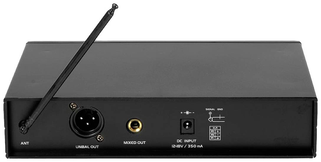 Rückseite eines schwarzen Audiogeräts mit Antenne, zwei Ausgängen ('UNBAL OUT' und 'MIXED OUT'), und einem DC-Eingang sowie einem Schalter.