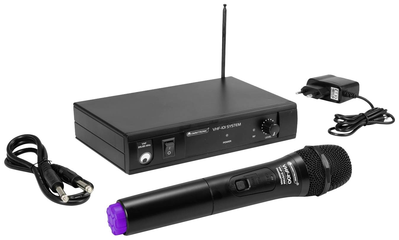 Ein kabelloses Mikrofon mit Empfänger, Netzteil und Kabel, geeignet für Bühnen- oder Präsentationsanwendungen.