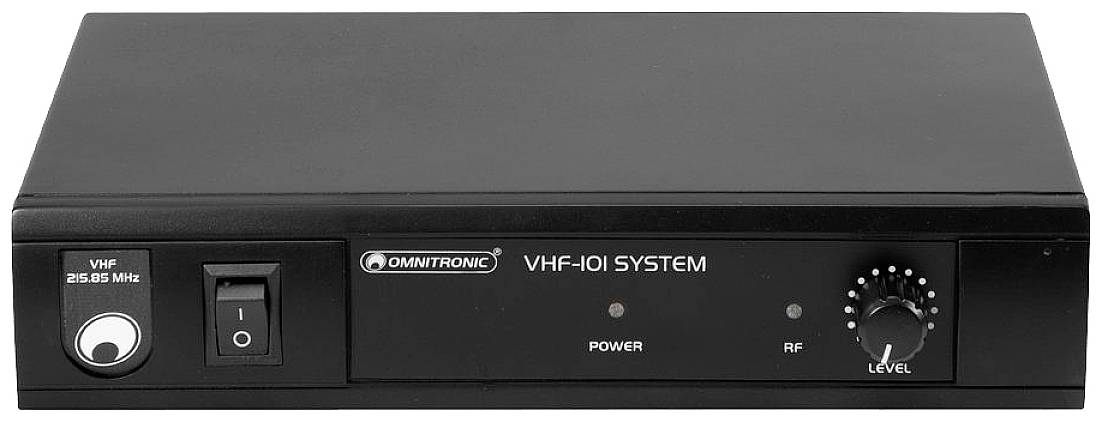 Ein schwarzes VHF-Systemgerät mit Ein-/Ausschalter, LEDs für Power und RF, sowie Drehknopf für Lautstärke.