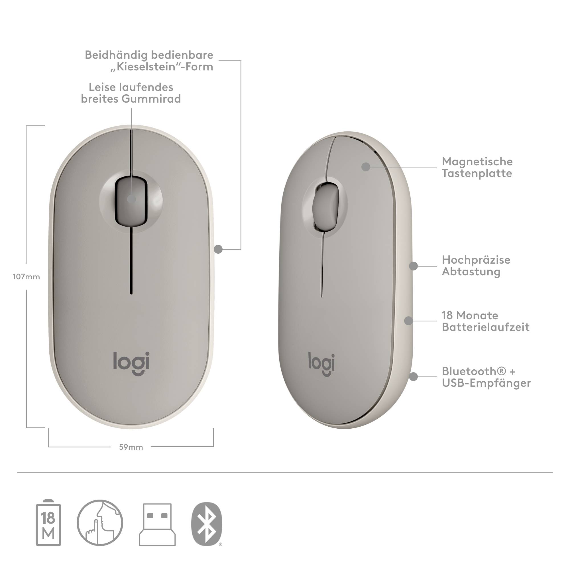 Logitech Pebble M350 Wireless Maus Kabellos Optisch Sand 3 Tasten 1000 dpi