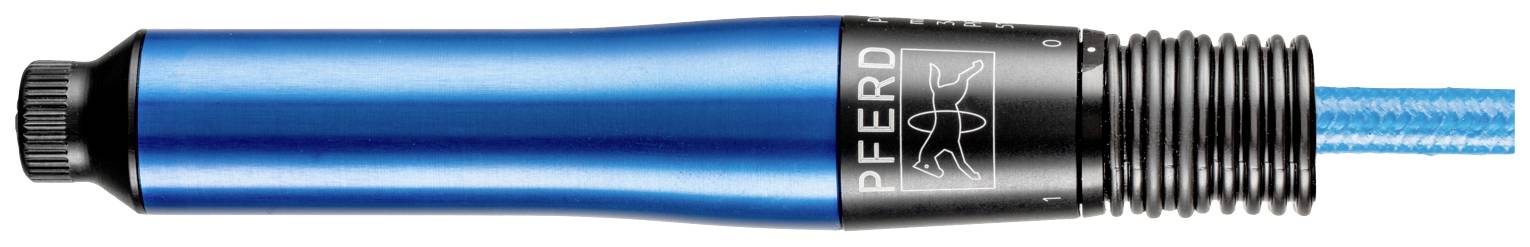 Eine blaue Schleifstiftaufnahme von Pferd mit schwarzem, geriffelten Kopfbereich und eingespanntem Schleifstift.