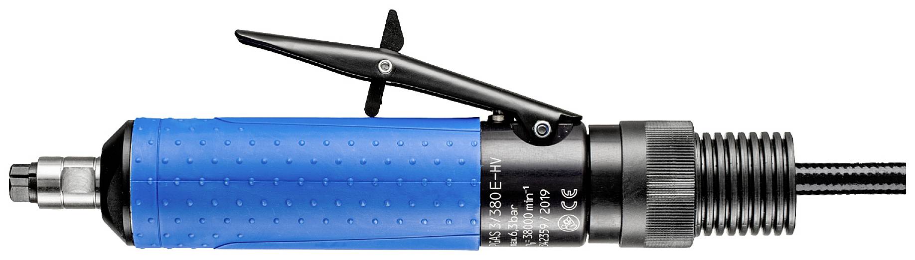 Blauer Pneumatikschrauber mit schwarzem Griff und Hebel. Geeignet für industrielle Anwendungen mit hoher Präzision.