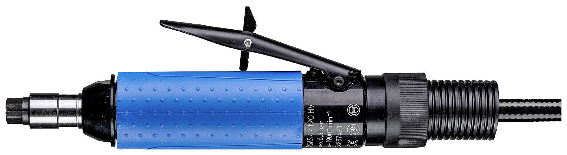 Ein elektrisches Werkzeug mit blauem Griff und schwarzem Schalter. Es hat einen zylindrischen Körper und wird oft zur Metallbearbeitung verwendet.