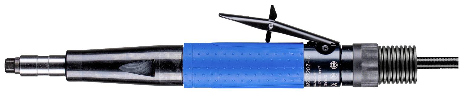 Metallwerzeug mit blauem Griff und Hebel, seitliche Ansicht, zur Bearbeitung oder Montage von Materialien geeignet.