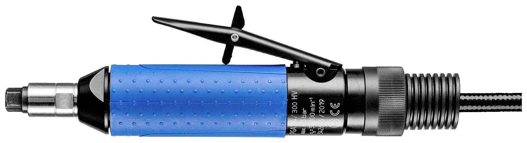 Druckluft-Schraubendreher mit blauem Griff, ausgerichtet nach links, Hebel oben, industrielles Werkzeug, geeignet für präzises Arbeiten.