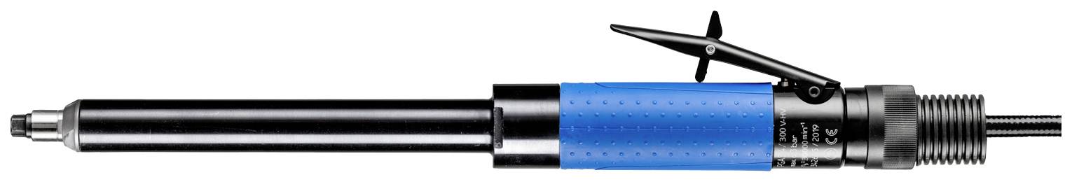 Ein pneumatischer Schleifer mit blauem Griff, zur Metallbearbeitung geeignet, zeigt den seitlichen Ein-/Ausschalter und den länglichen Schleifkopf.