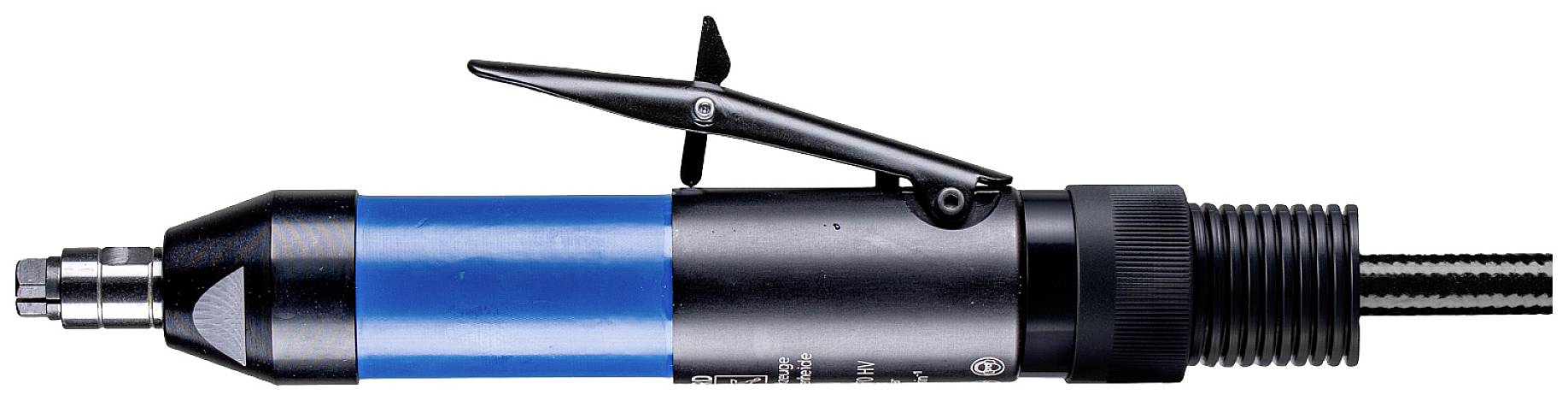 Ein blauer und schwarzer Druckluft-Schraubendreher mit verstellbarem Griff und Gewindeanschluss, geeignet für präzise Montagearbeiten.