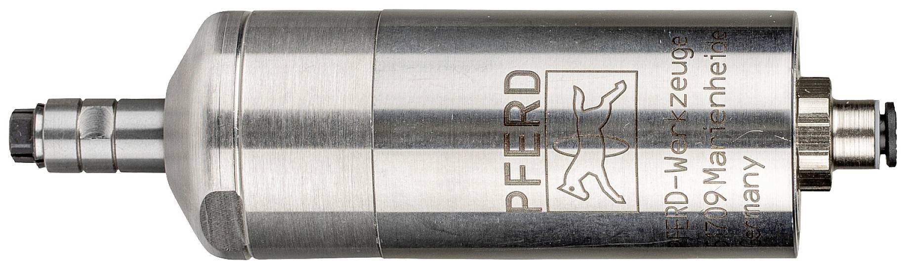 Metallisches zylinderförmiges Werkzeug, wahrscheinlich ein Druckluftschleifer, mit Logo und Gravur der Firma 'PFERD-Werkzeuge'.