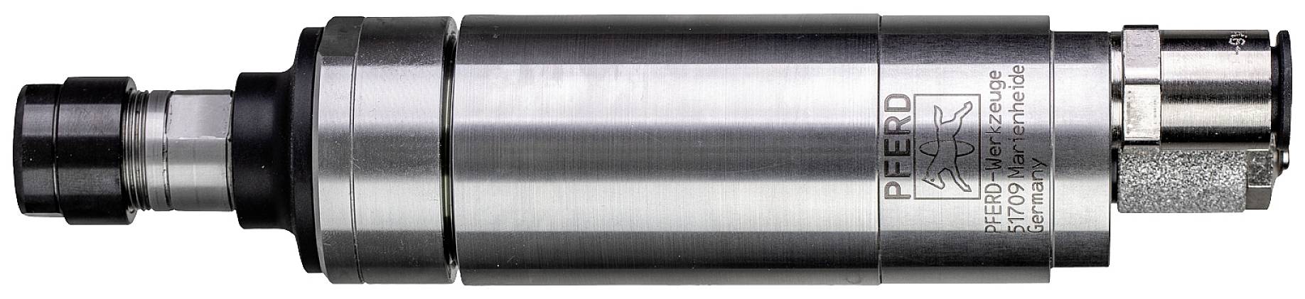 Ein zylindrischer Druckluft-Motor der Marke 'Pferd', silberfarben, mit schwarzem und metallischem Anschluss an den Enden.