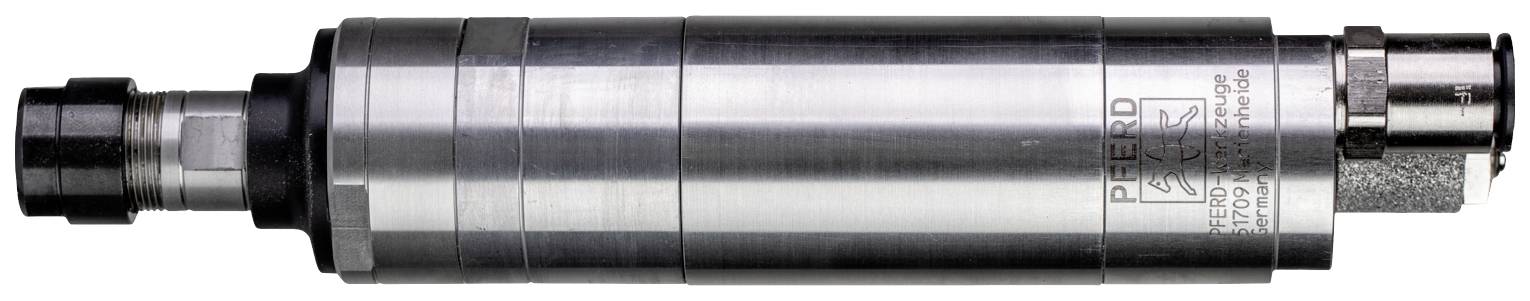 Ein zylindrisches, metallisches Industriewerkzeug mit Gravuren und einer Anschlussverbindung an der Seite.