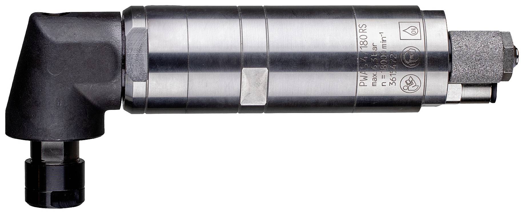 Eine industrielle pneumatische Druckpistole aus Metall mit schwarzem Kunststoffgriff und Düsenaufsatz, seitliche Ansicht.