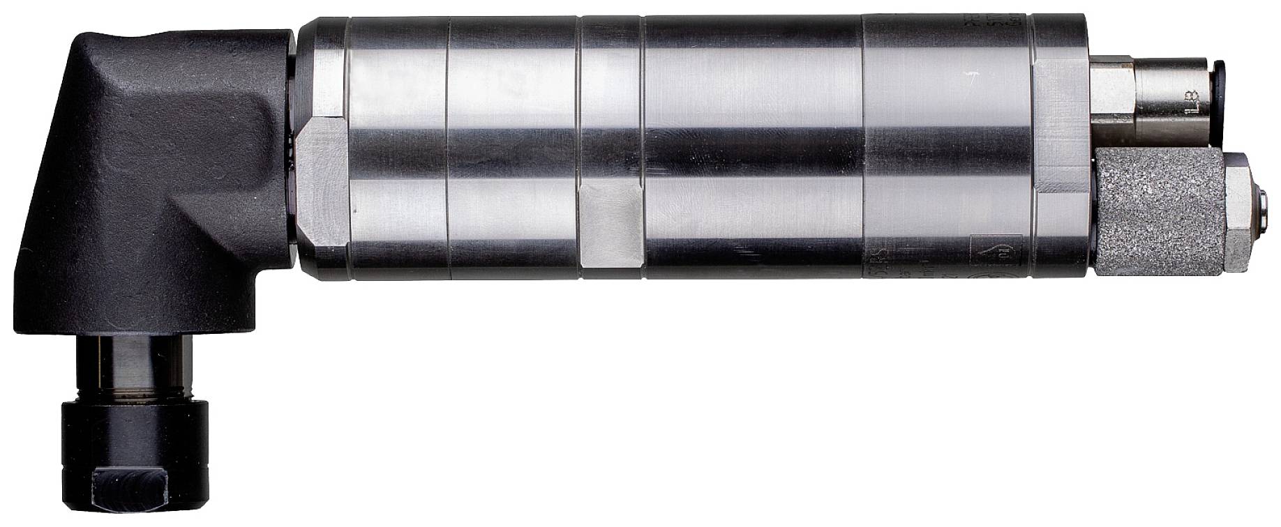 Ein metallischer Winkelstecker mit zylindrischem Körper und schwarzem Anschlussstück, geeignet für industrielle Anwendungen.