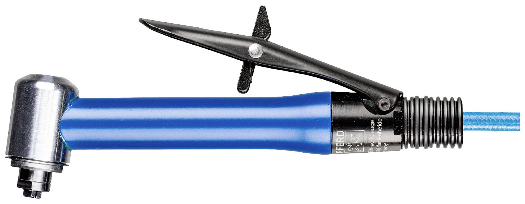 Ein blauer pneumatischer Schleifer mit einem schwarzen Hebel am Kopf, geeignet für Schleifarbeiten in engen oder schwer zugänglichen Bereichen.