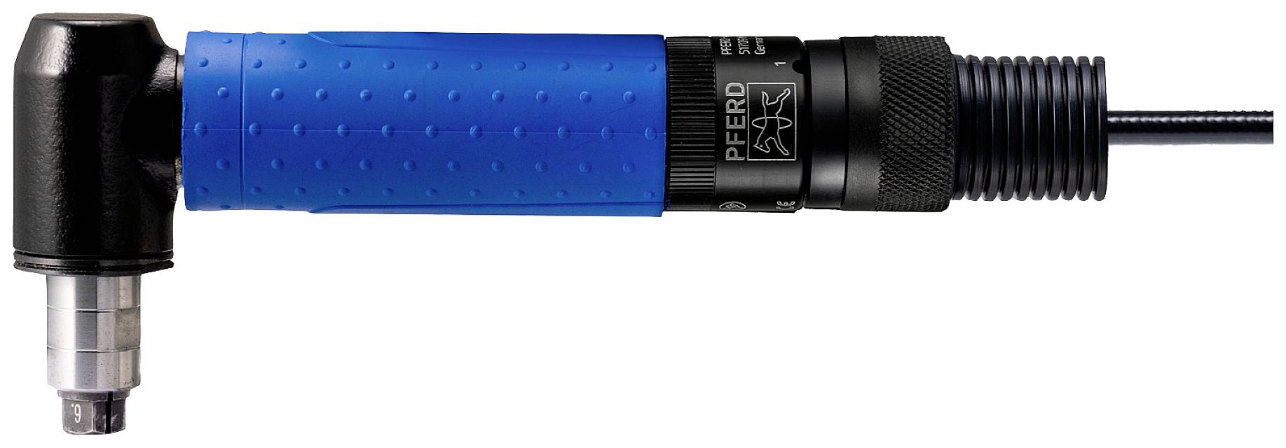 Ein blauer, pneumatischer Winkelschleifer mit schwarzem Griff und Anschluss für Druckluft.