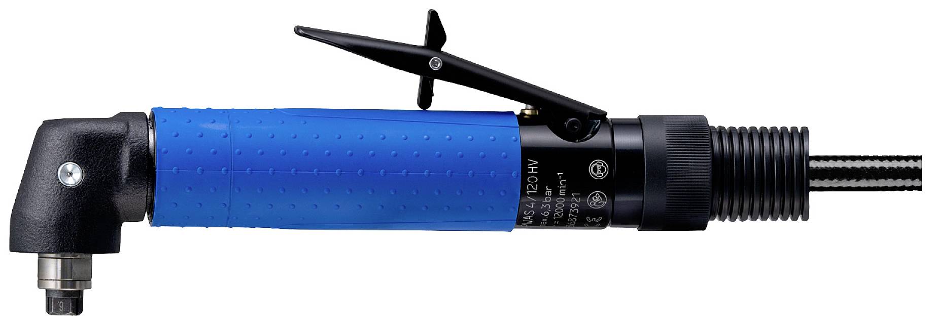 Druckluftschleifer mit blauem Griff und Winkelkopf, geeignet für feine Schleifarbeiten in der Metallbearbeitung.