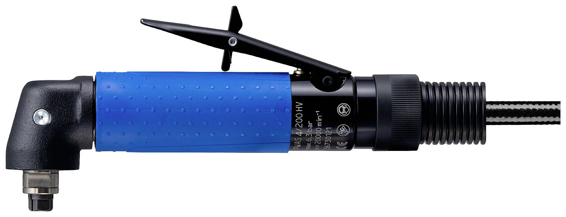 Druckluft-Werkzeug mit blauem Griff, Hebelbedienung oben, schwarzes Verbindungselement rechts. Geeignet für Präzisionsarbeiten.