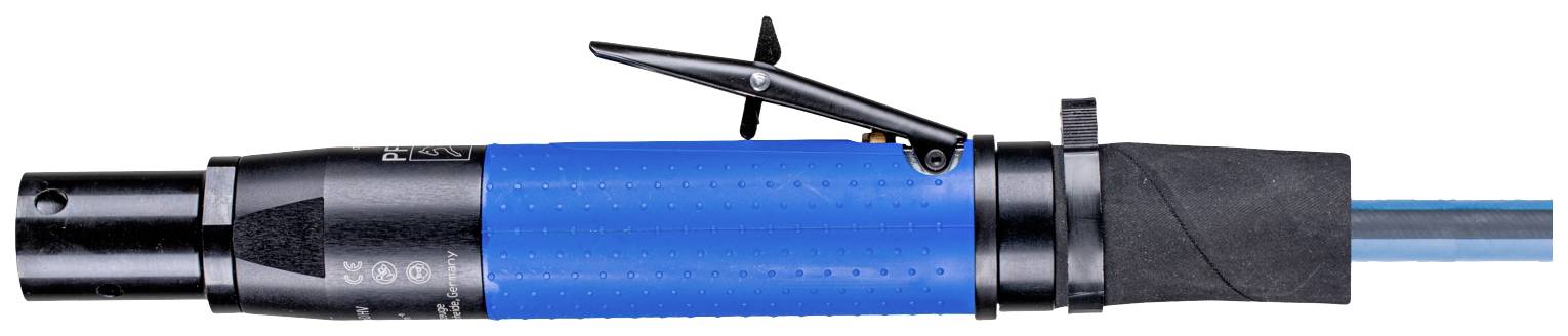 Ein blau-schwarzer Kabelverbinder mit einem Verriegelungsmechanismus und einem Kabel, das von rechts angeschlossen ist.
