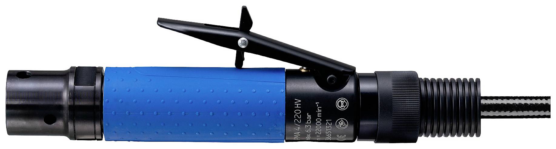 Ein blauer, industrieller Luftschraubendreher mit schwarzem Griff und Sicherheitshebel, zur Bearbeitung von Schraubverbindungen.