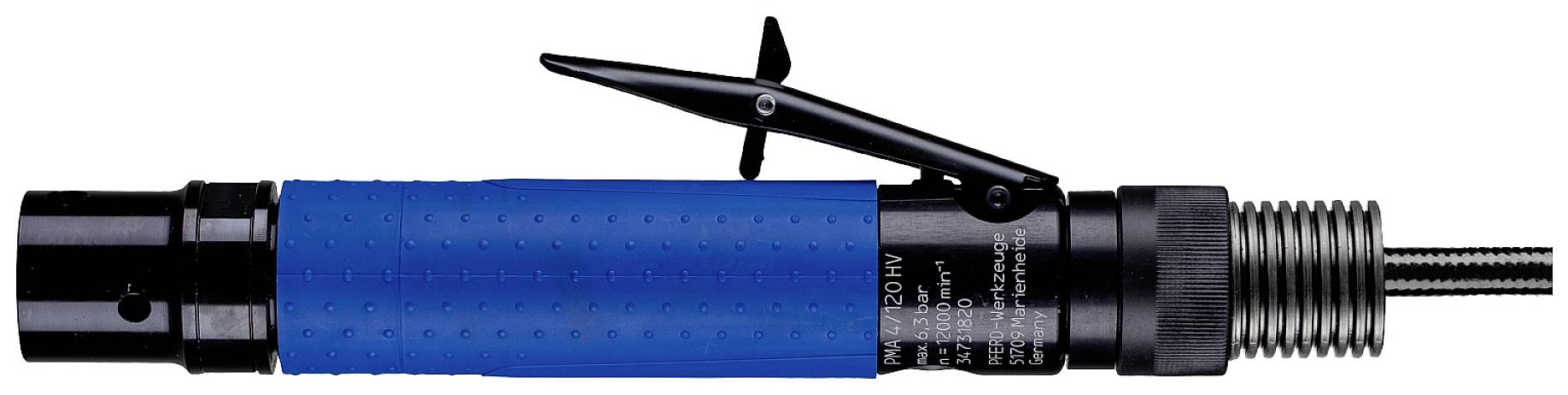 Ein blauer, geriffelter Zylinderschrauber mit Hebelgriff, an einem Ende mit einem Metallgewinde und am anderen Ende eine Anschlussbuchse.