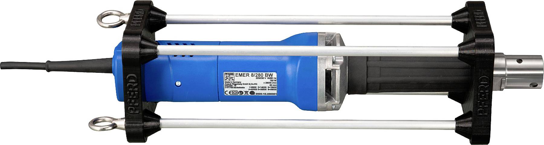 Ein blaues Elektrowerkzeug mit Metallstangen, möglicherweise ein Bohrgerät, liegt horizontal. Eignet sich für professionelle Anwendungen.