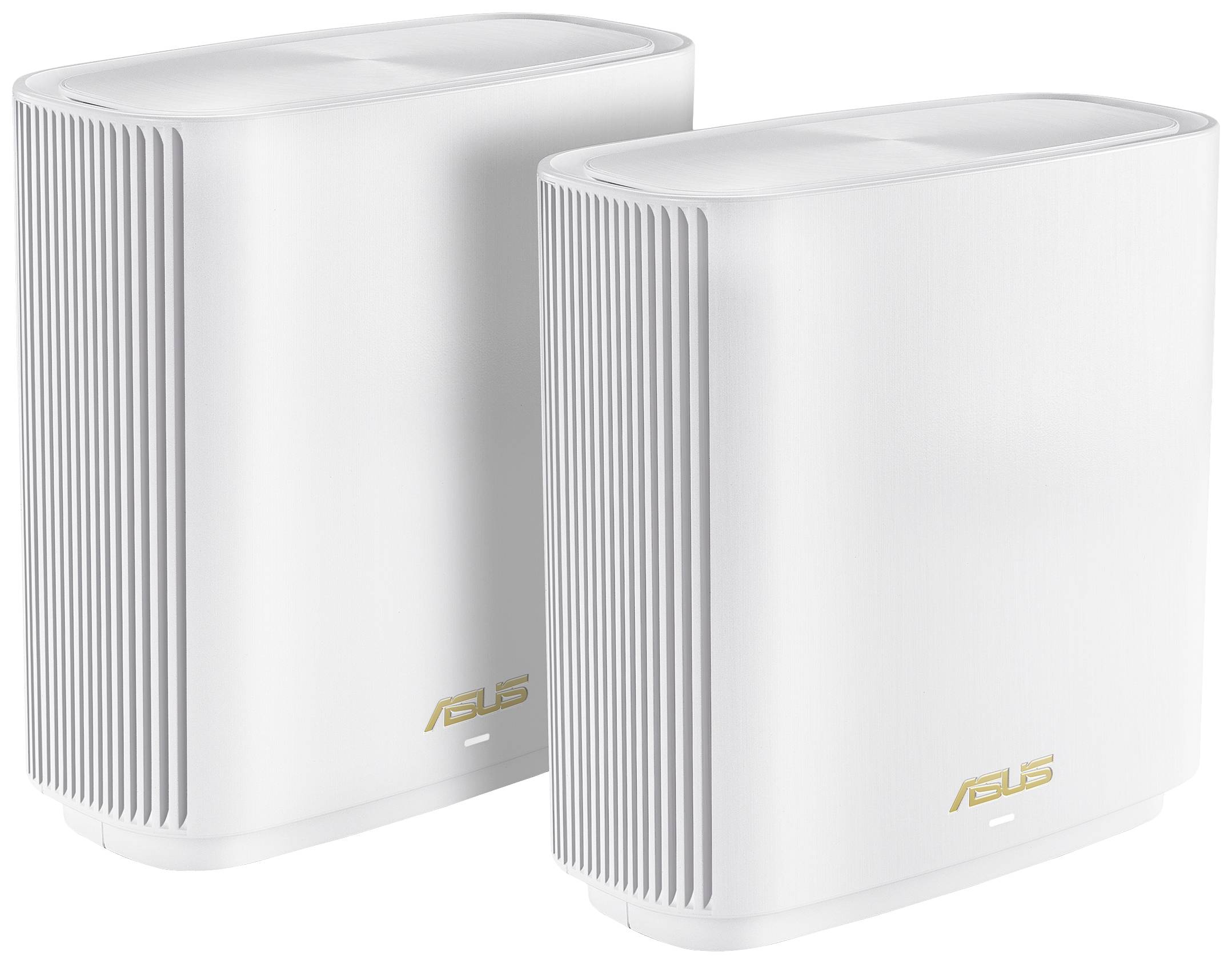 Zwei weiße ASUS-Mesh-Router nebeneinander. Sie bieten drahtlose Netzwerkabdeckung für große Bereiche und haben ein modernes Design.