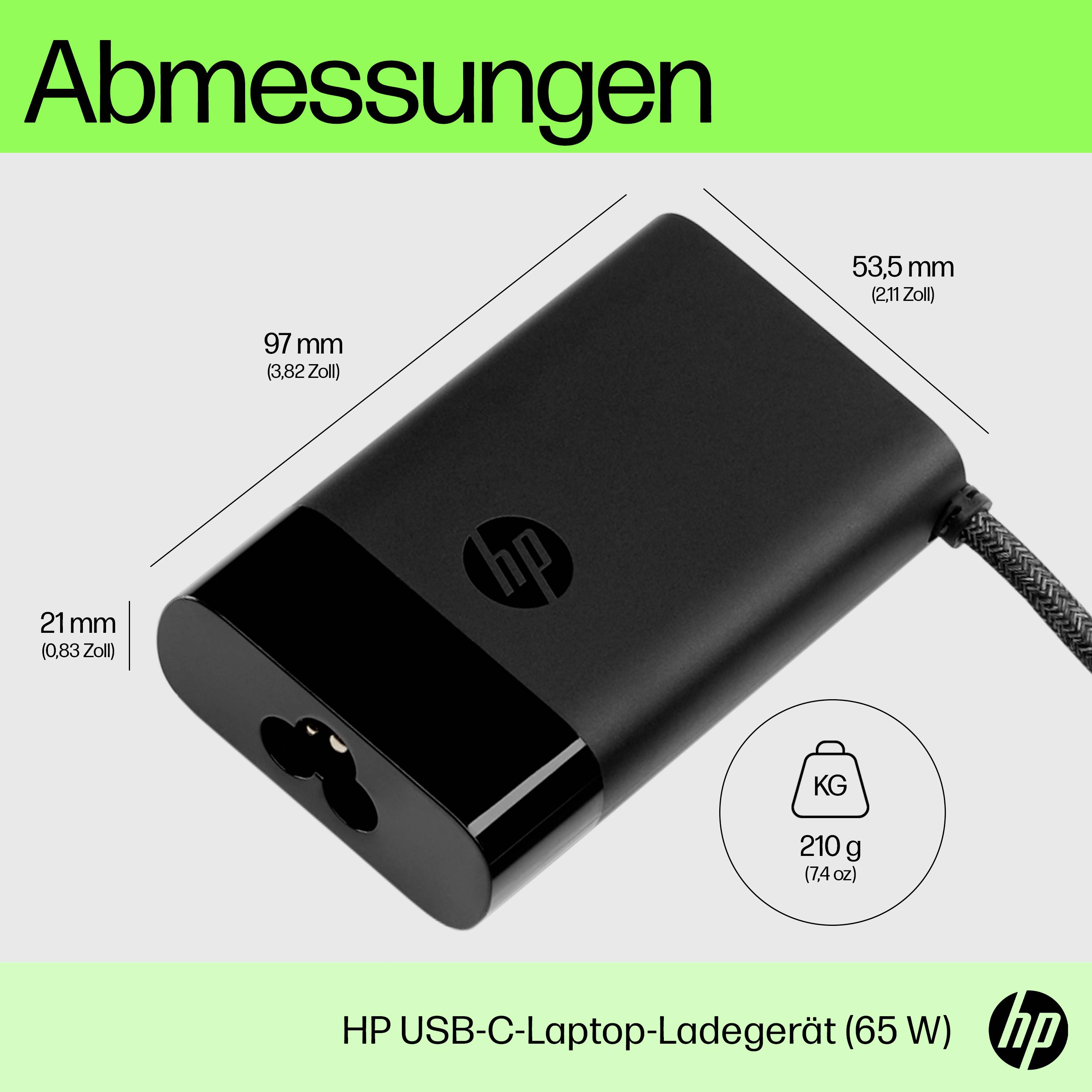 Ein schwarzes HP USB-C-Laptop-Ladegerät (65 W) mit Abmessungen 97 mm x 53,5 mm x 21 mm und einem Gewicht von 210 g.