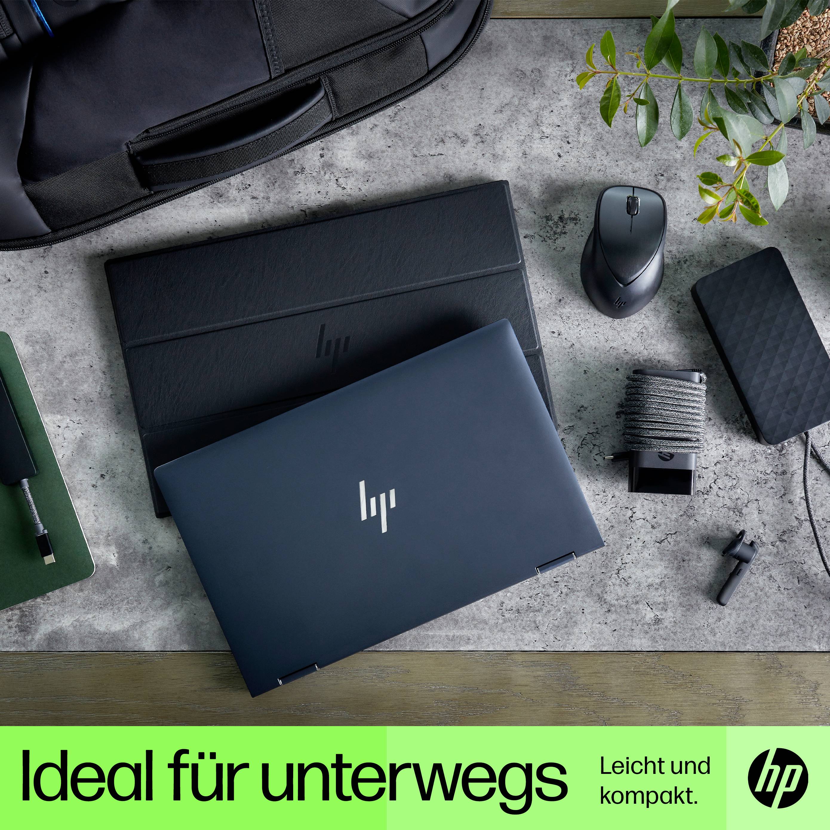 Ein Laptop, eine Tasche, eine Maus und ein Notizbuch auf einem Tisch. Der Text 'Ideal für unterwegs - Leicht und kompakt.' ist sichtbar.