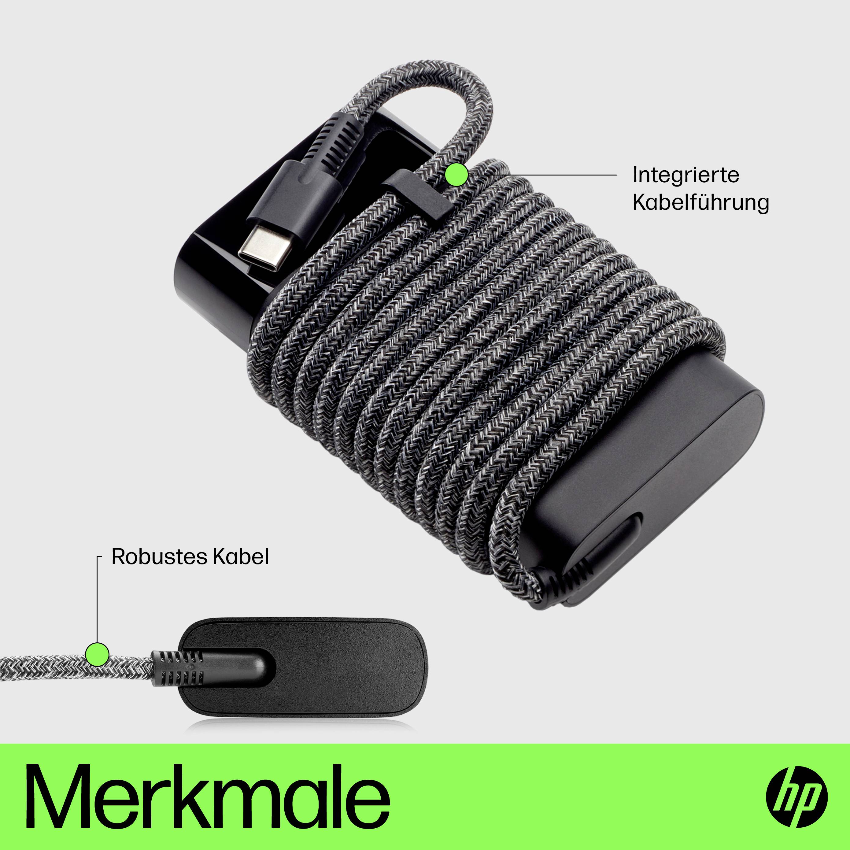 HP-Ladegerät mit integriertem Kabelmanagement und robustem Kabel. Schwarzes Gehäuse, Kabel in Grau. Werbung von HP.