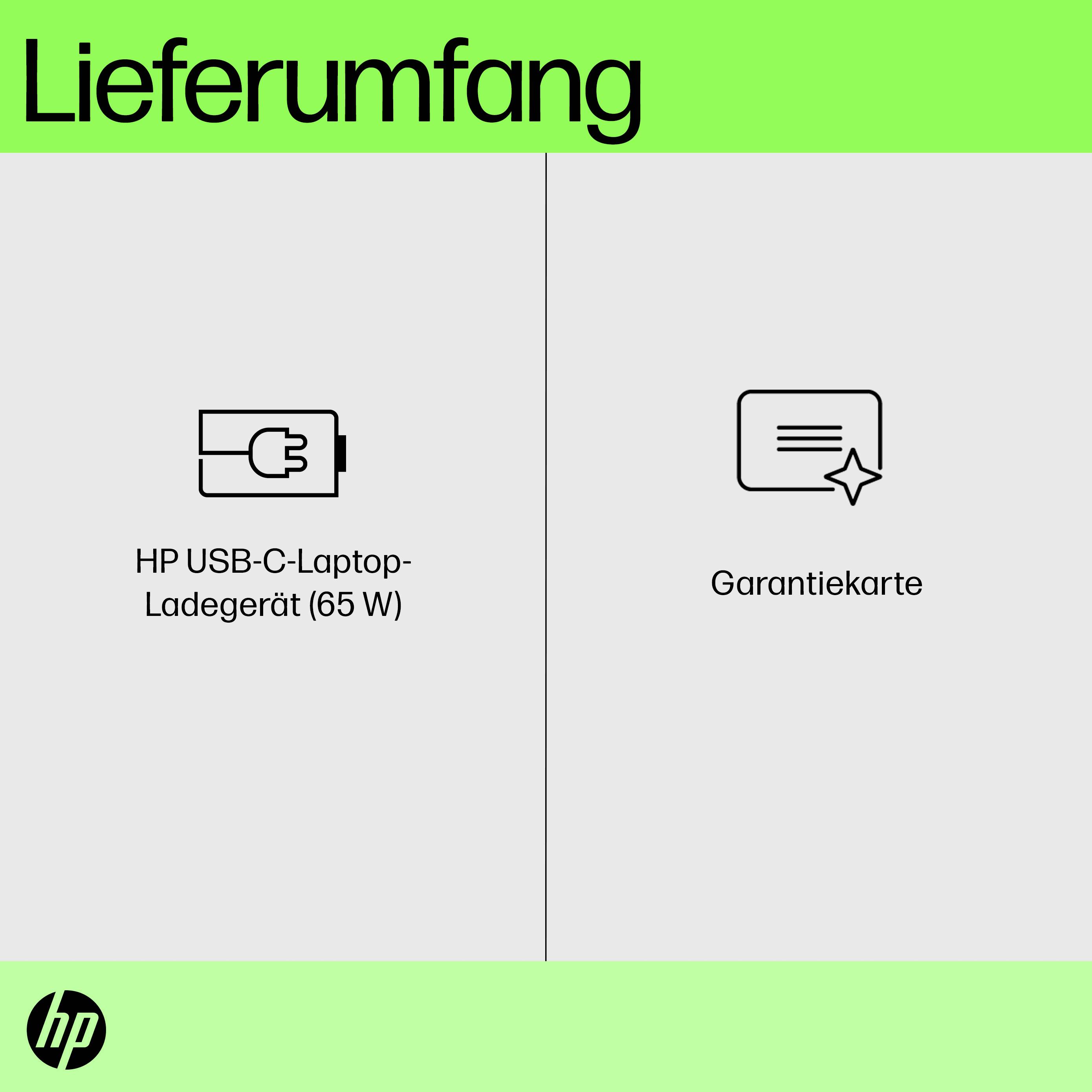 'Lieferumfang: HP USB-C-Laptop-Ladegerät (65 W) und Garantiekarte'.