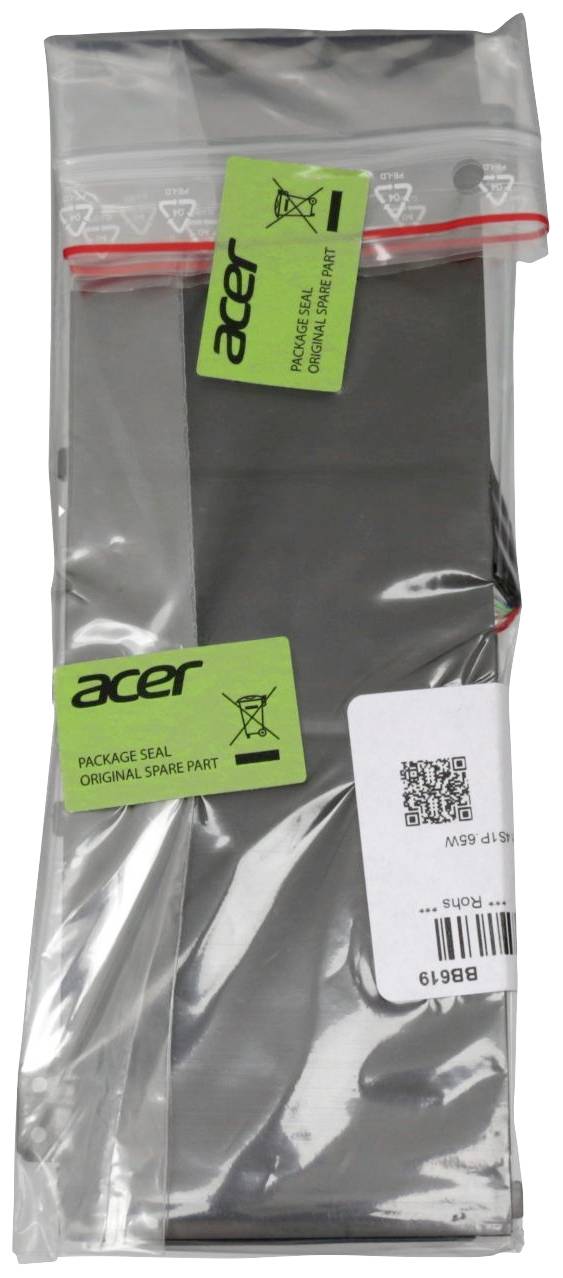 Eine graue Plastikverpackung mit einem 'Acer'-Logo und einem Etikett mit der Aufschrift 'Original Spare Part'. Enthält Ersatzteil.