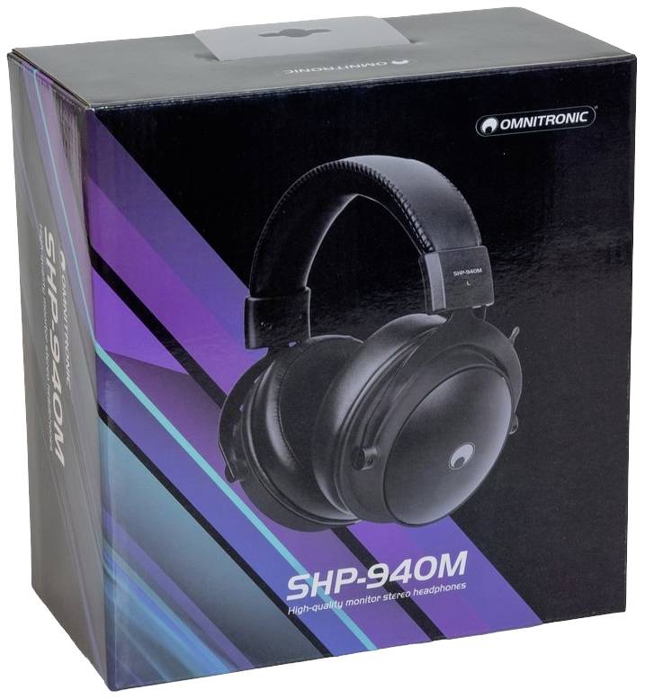 Kopfhörer-Verpackung mit der Aufschrift 'OMNITRONIC SHP-940M', zeigt ein Bild der Kopfhörer auf dunklem, farbigem Hintergrund.