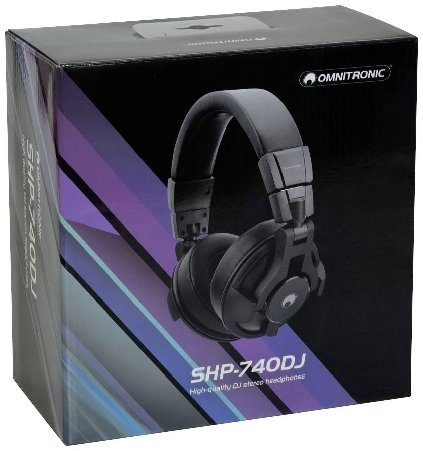 Kopfhörer-Verpackung mit der Aufschrift 'OMNITRONIC SHP-740DJ'. Das Design zeigt ein Bild des Kopfhörers und lila-blaue Grafiken.