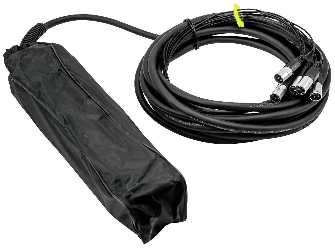 Audiokabel mit drei XLR-Steckern und einer schwarzen Schutzhülle für Mikrofone oder Tonsysteme.