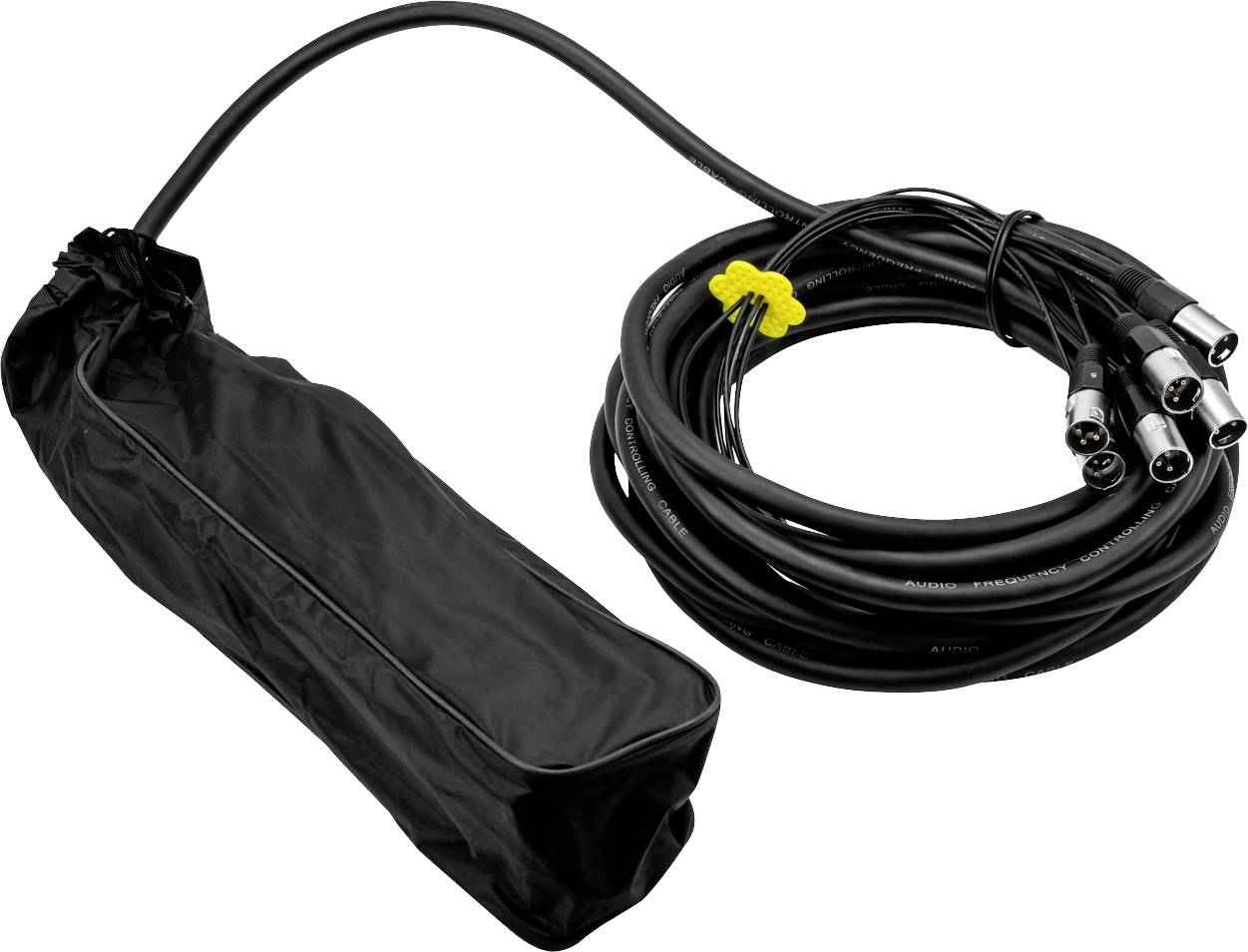Ein schwarzes Audiokabelbundle mit drei Anschlüssen und einer schwarzen Schutztasche. Für professionelle Audioverbindungen geeignet.
