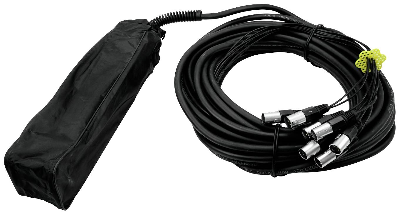 Ein schwarzes, mehradriges Audiokabel mit mehreren XLR-Steckern ist ordentlich aufgewickelt und liegt neben einer Schutzhülle.