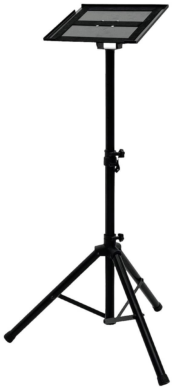 Ein schwarzes Stativ mit neigbarem Tablethalter. Geeignet für Präsentationen oder Musiknoten. Höhenverstellbar mit stabilem Standfuß.