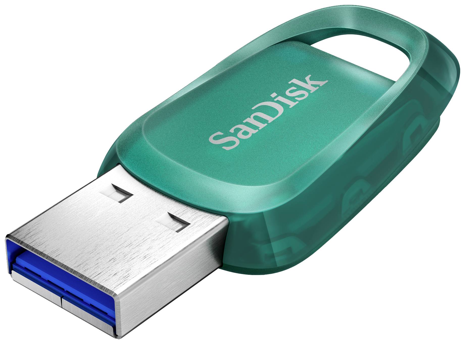 Ein grüner USB-Stick mit der Aufschrift 'SanDisk', zeigt den USB-Anschluss.