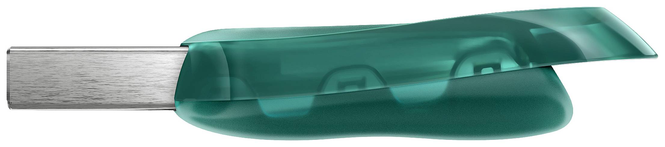 USB-Stecker mit transparentem, grünem Kunststoffdeckel über dem Anschluss. Der Deckel ist teilweise geöffnet.