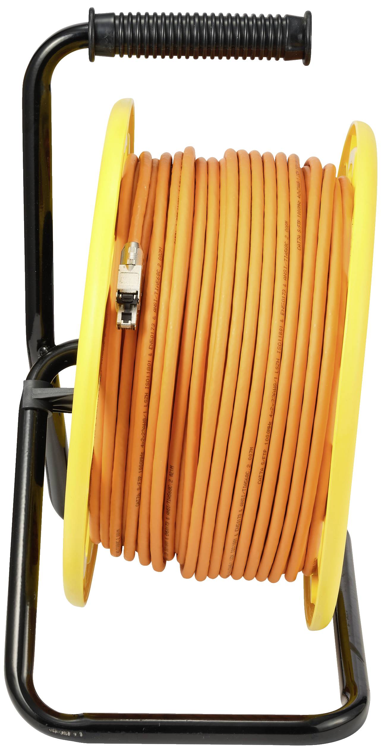 Eine orange Kabeltrommel mit schwarzem Rahmen und Griff.