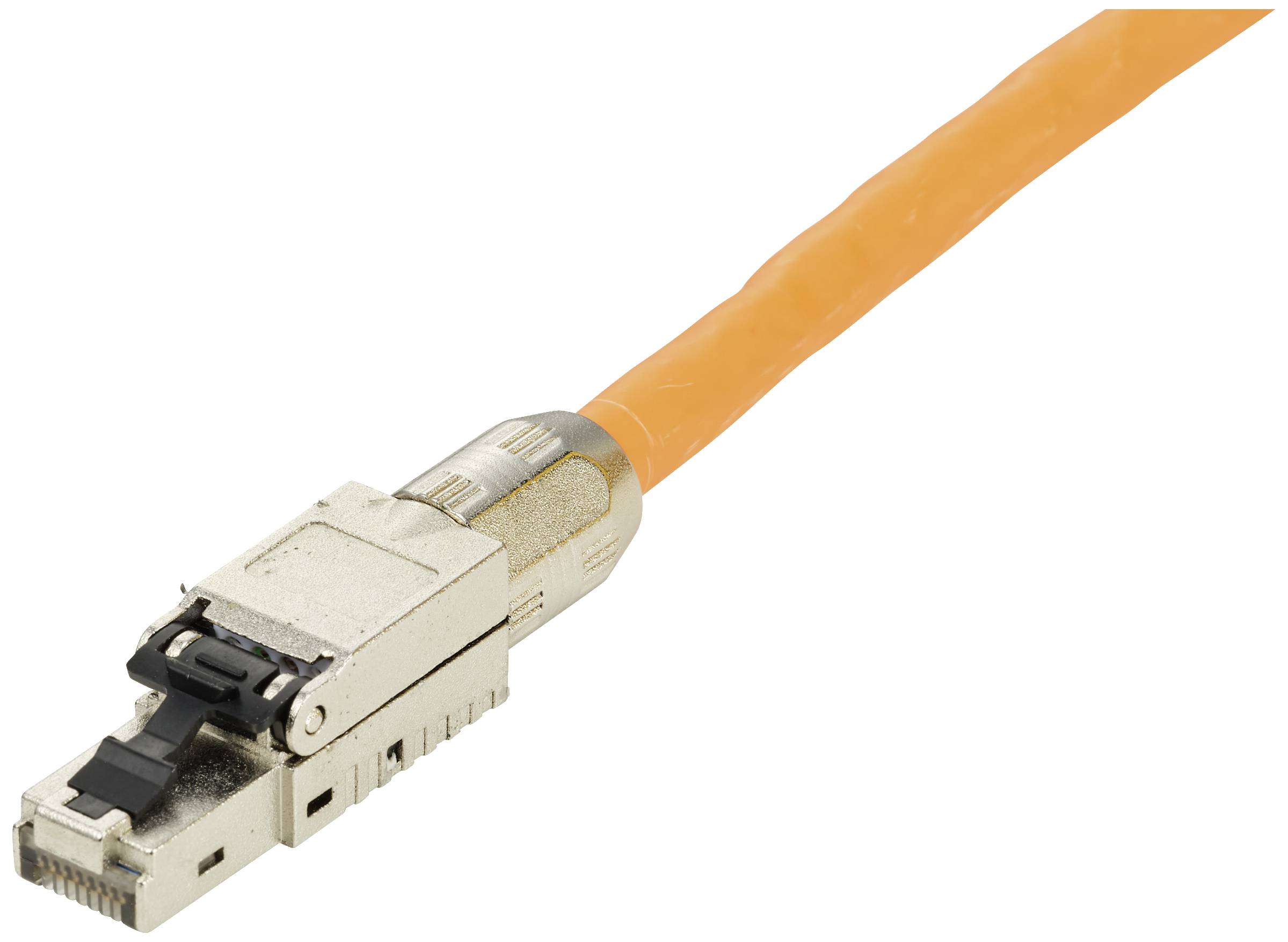 Ein orangefarbenes Netzwerkkabel mit einem silbernen Stecker, der als Verbindungselement in Computernetzwerken dient.