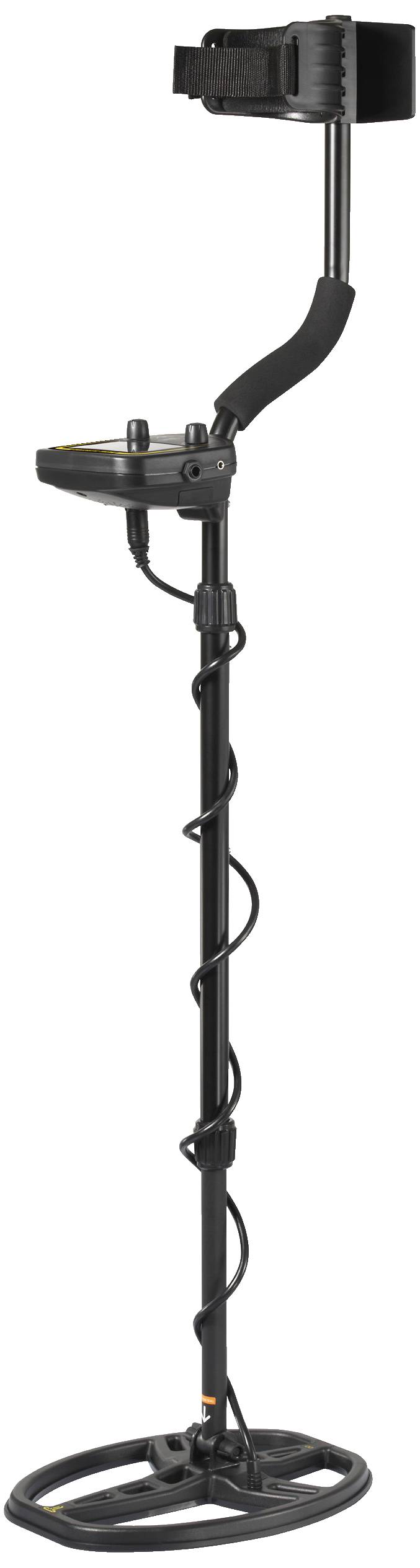 Metall-Detektor in schwarzer Farbe mit einem ergonomischen Griff und verstellbarem Stab, geeignet für die Schatzsuche im Freien.