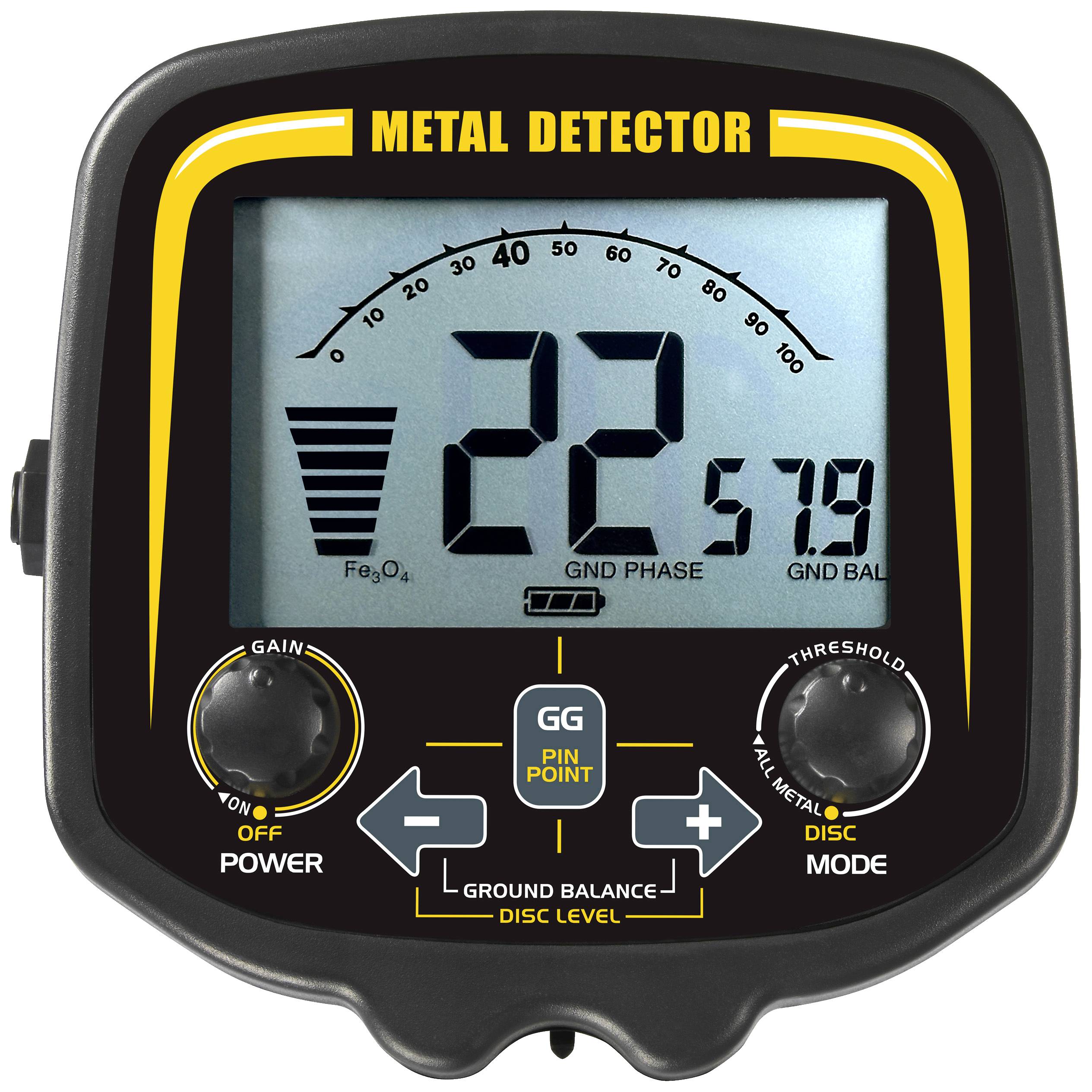 Ein Metalldetektor-Display zeigt die Zahl '22', Bodenphase '57.8', mit Bedienelementen für Disc Level und Ground Balance.