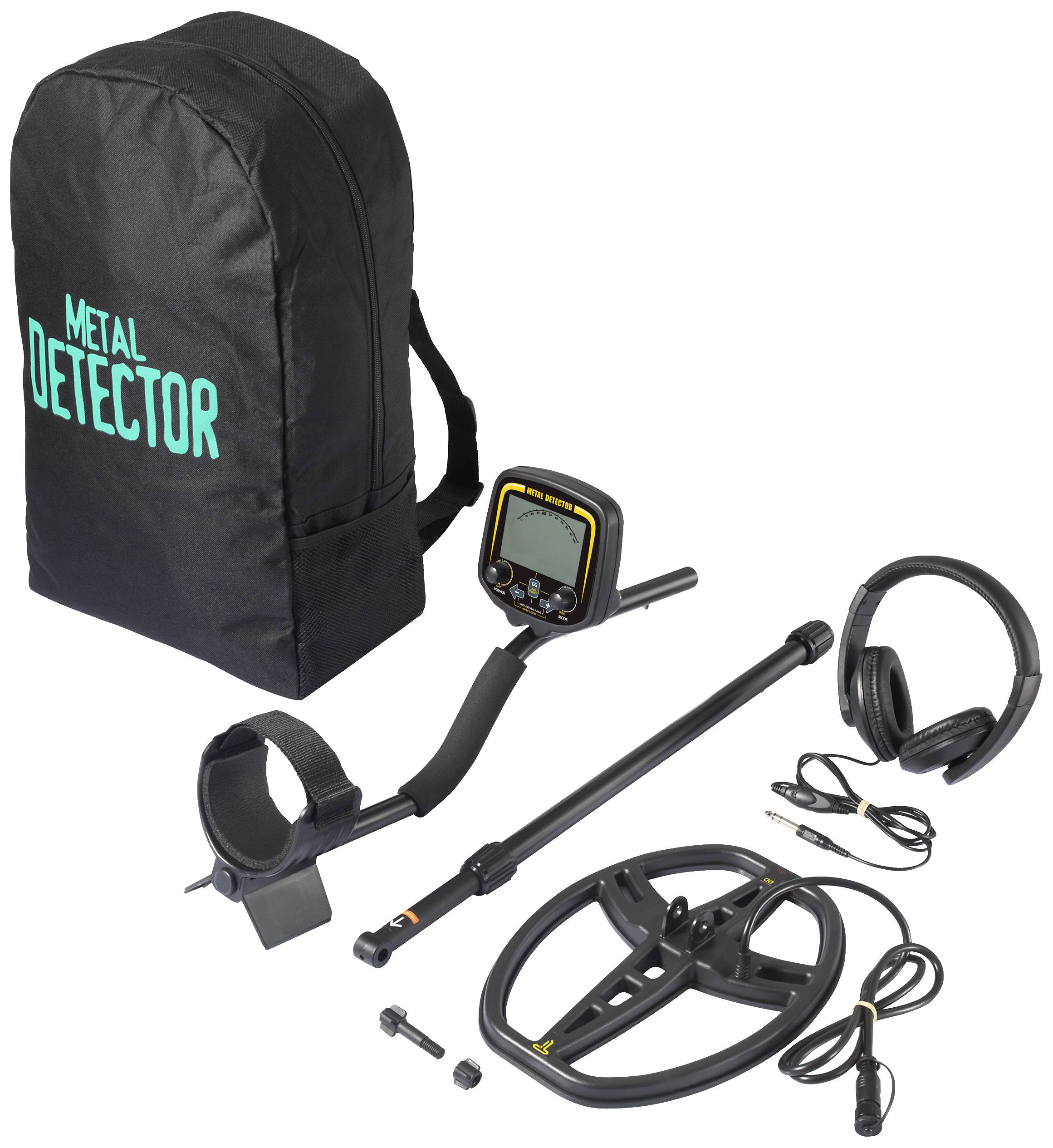 Metalldetektor-Set: Detektor, Spule, Kopfhörer und Transporttasche mit Aufschrift 'Metal Detector'. Ideal für Schatzsuche.