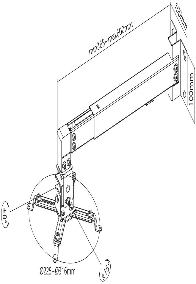 Technische Zeichnung eines verstellbaren Wandarms. Zeigt Abmessungen: minimal 365 mm, maximal 600 mm Länge, 100 mm Höhe. Drehbarer Teil mit Durchmesser 225-316 mm, 15 Grad Neigung.